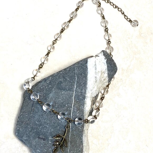 Genuine Clear Quartz Short Necklace, Bronze Leaf Branch + Natural Gemstone - Picture 6 of 16